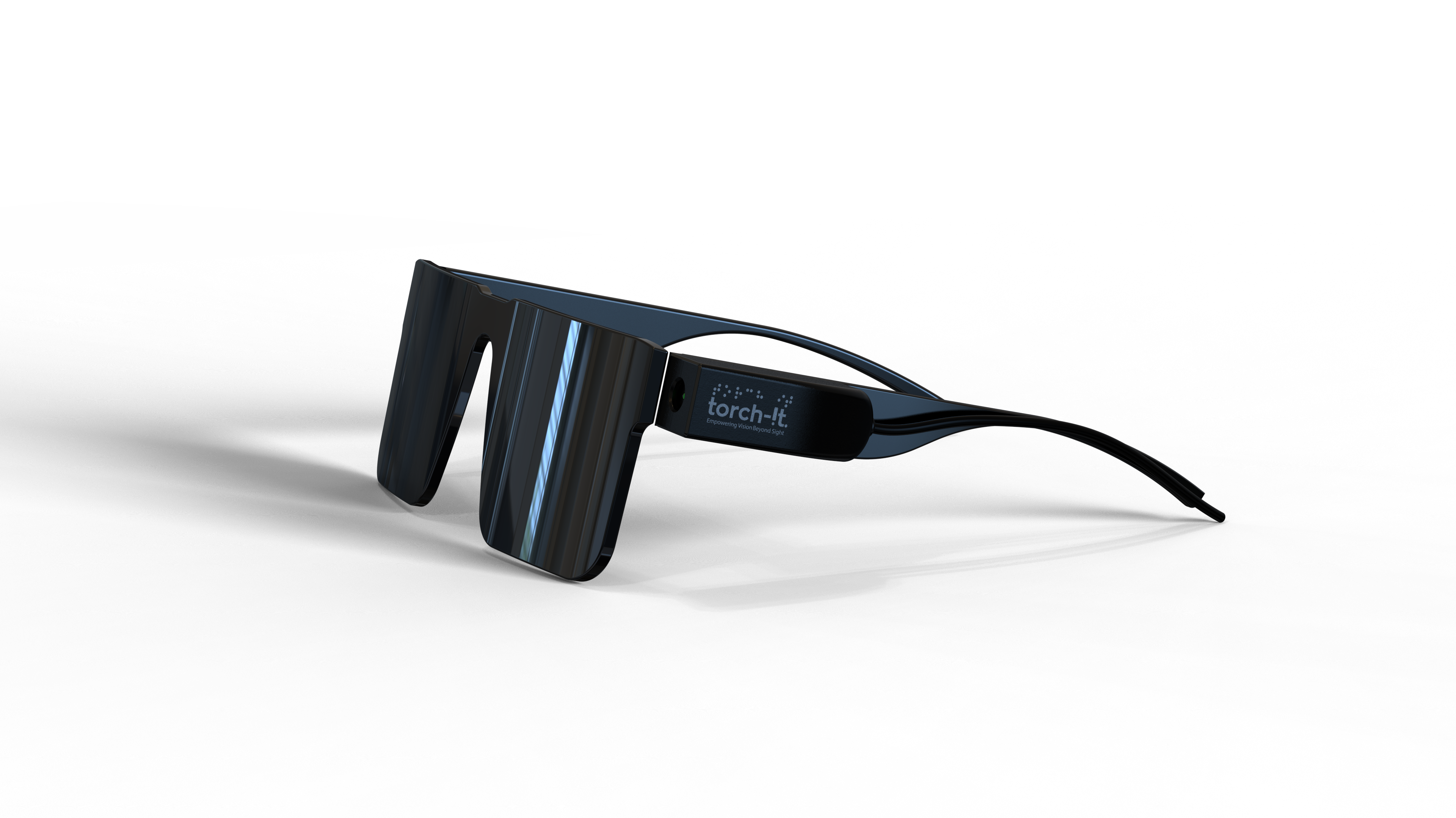 Front three-quarter studio view of the black wraparound smart glasses against a dark grey background, showing the mirrored shield lens, slim curved temple arms and the camera opening in the temple housing — no cable and no external battery pack.