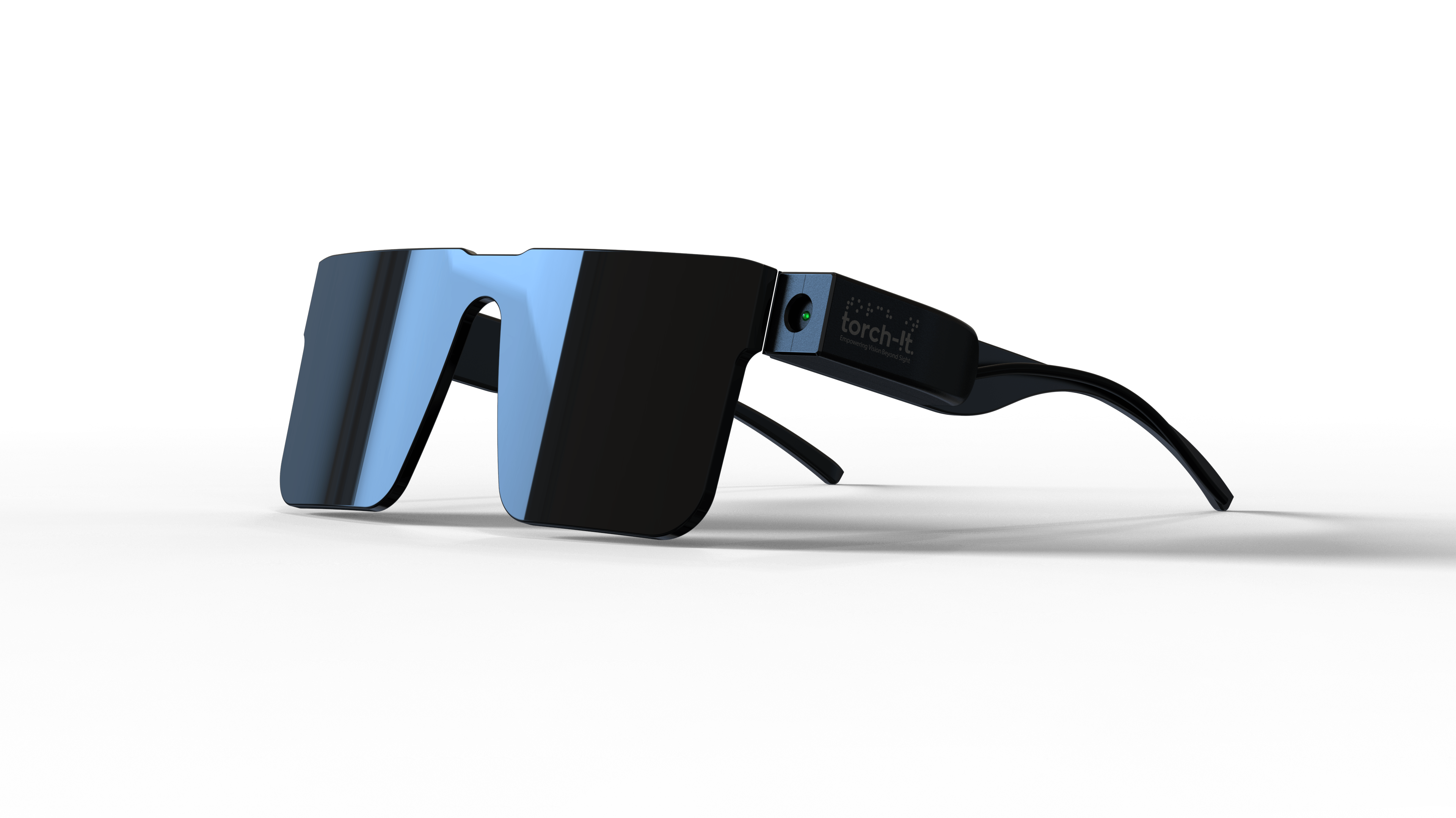 Black wraparound smart glasses with one blue mirrored shield lens on a dark grey surface. A camera lens and a small green status light sit in the temple module, printed with the torch-It braille logo and the words Empowering Vision Beyond Sight.