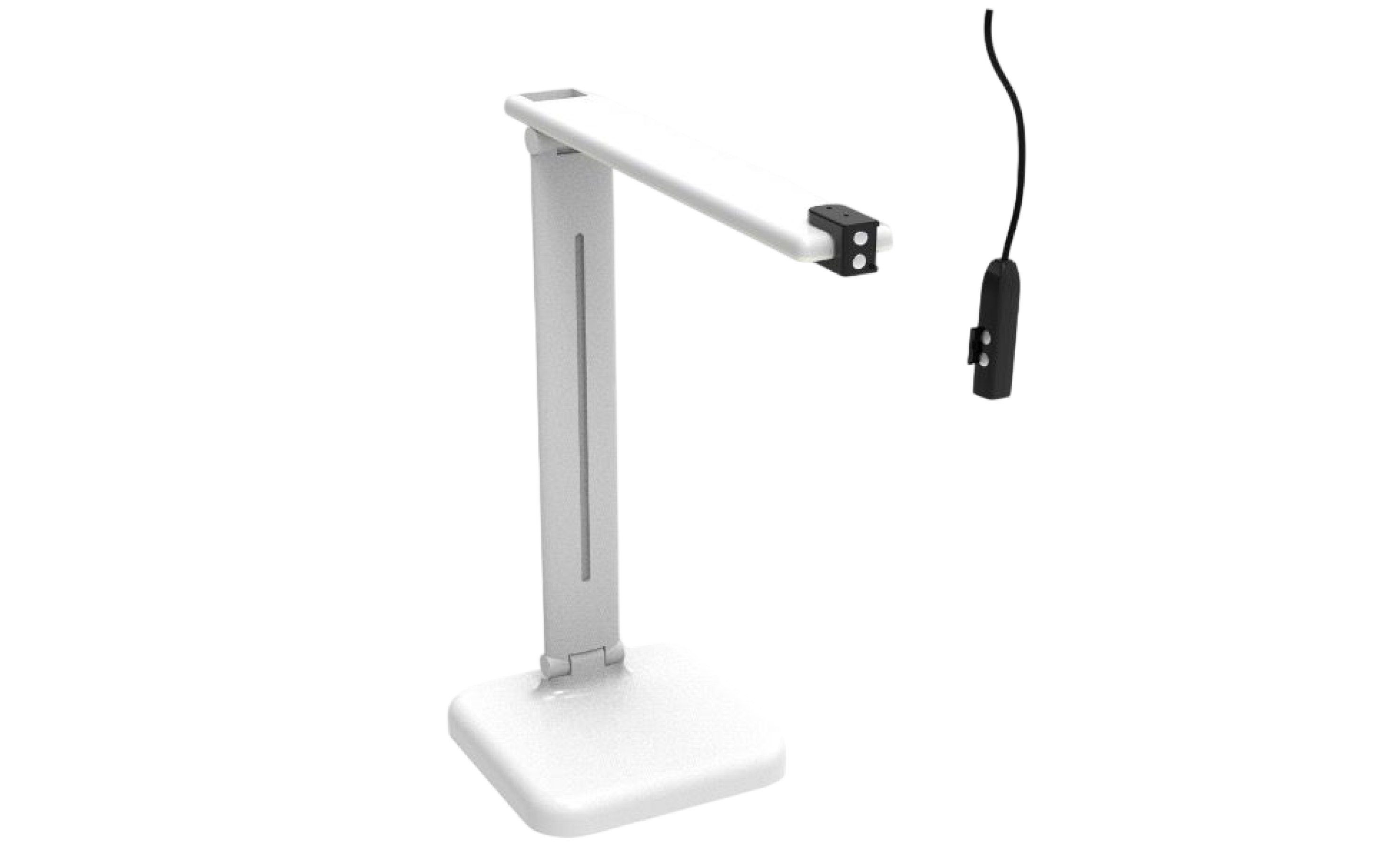 A white folding desk stand — hinged column, horizontal arm and square base — with a black camera head at the tip of the arm, shown next to the same camera module on a curled cable that clips onto an ordinary lamp.